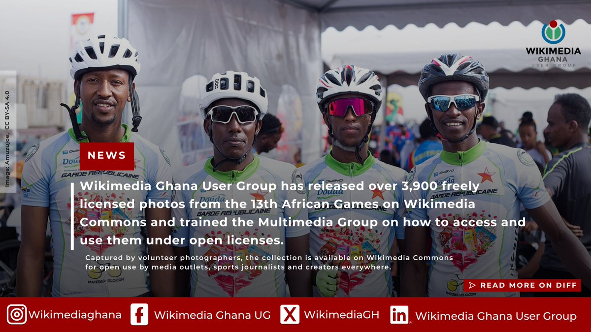 WikimediaGH's tweet image. 📸 Over 3,900 photos from the 13th African Games have been shared by Wikimedia Ghana User Group with the Multimedia Group and are freely available for use on Wikimedia Commons.

Read more on Diff: diff.wikimedia.org/2025/11/08/wik…

#AfricanGames #OpenKnowledge #WikimediaGhana
