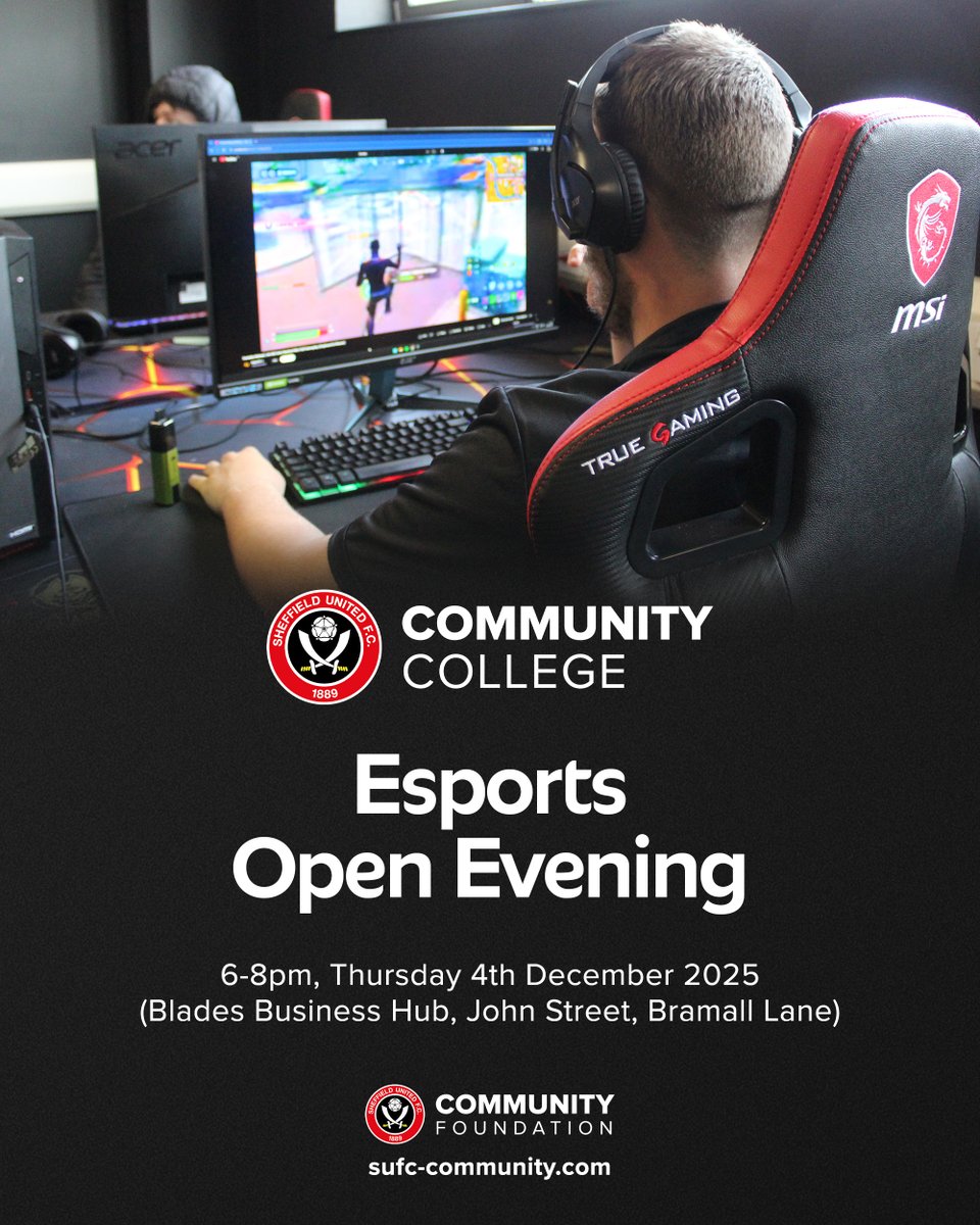 CommunitySUFC's tweet image. Level up your future at Sheffield United Community College’s Esports Open Evening! 🎮⚔️

Explore our BTEC Level 2 &amp;amp; Level 3 Esports, Business and Enterprise courses where gaming meets real-world skills.

Whether you want to play, create, manage or innovate, this is your door into…