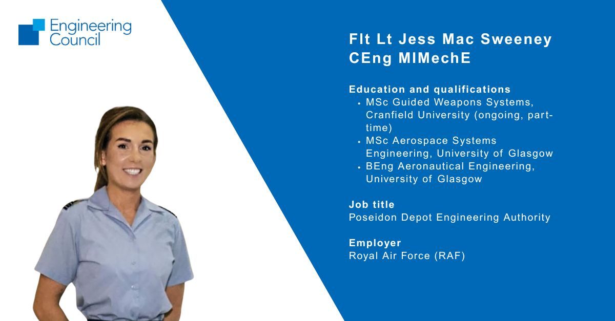EngCouncil's tweet image. Flt Lt Jess Mac Sweeney CEng MIMechE: &quot;Having professional registration provides another indicator of experience or competence, other than rank, which can help when engaging with engineers at varying levels.&quot; buff.ly/fgIVmyl @IMechE #CharteredEngineer #CEng