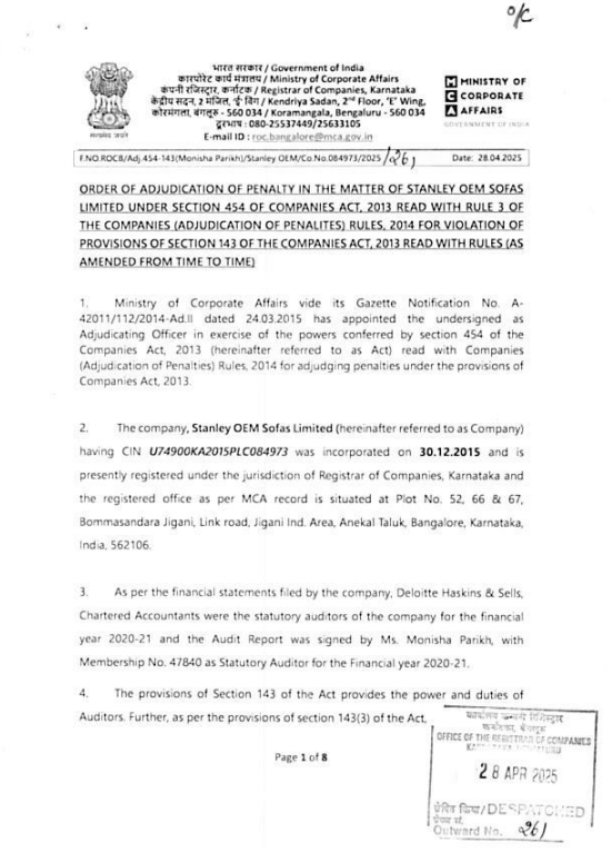 akhilpachori's tweet photo. ROC Bangalore (Karnataka) penalizes Statutory Auditor – Deloitte Haskins & Sells in the matter of Stanly OEM Sofas Limited

The Registrar of Companies has imposed a penalty of Rs. 30,000/- on Monisha Parikh, Partner at Deloitte Haskins & Sells, for failing to report key non-compliances under Section 143 of the Companies Act, 2013, as per the order dated 28.04.2025

Key compliance lapses included:

 ➡️ Non-disclosure of MSME interest details.
 ➡️ non-disclosure of related entities under AS-18.
 ➡️ Related party transactions undertaken without proper Board approval.

Despite these issues, the auditor’s report contained no adverse remarks or qualifications.

This case reinforces the growing regulatory focus on auditor accountability and transparency in disclosures.

https://t.co/X3j56ZI6fE

#Audit #ROC