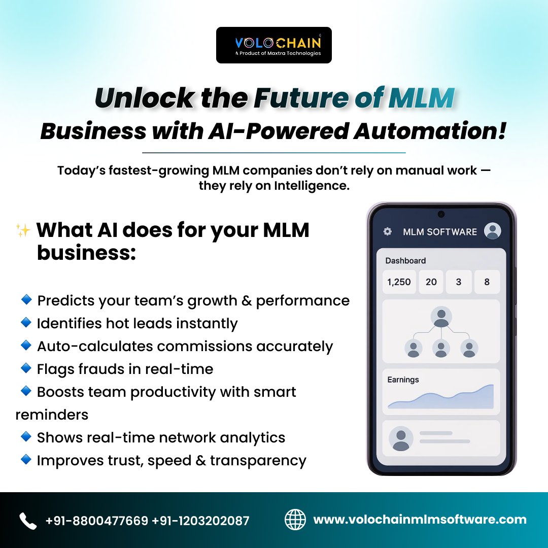 volochain's tweet image. 🚀 Transform your MLM business with Volochain’s AI automation! Predict growth, track hot leads, auto calc commissions, detect fraud &amp;amp; get real-time insights. Run Binary, Matrix &amp;amp; more with speed and transparency.
Contact Us:
+91-8800477669
#Volochain #MLMSoftware #MLMAutomation