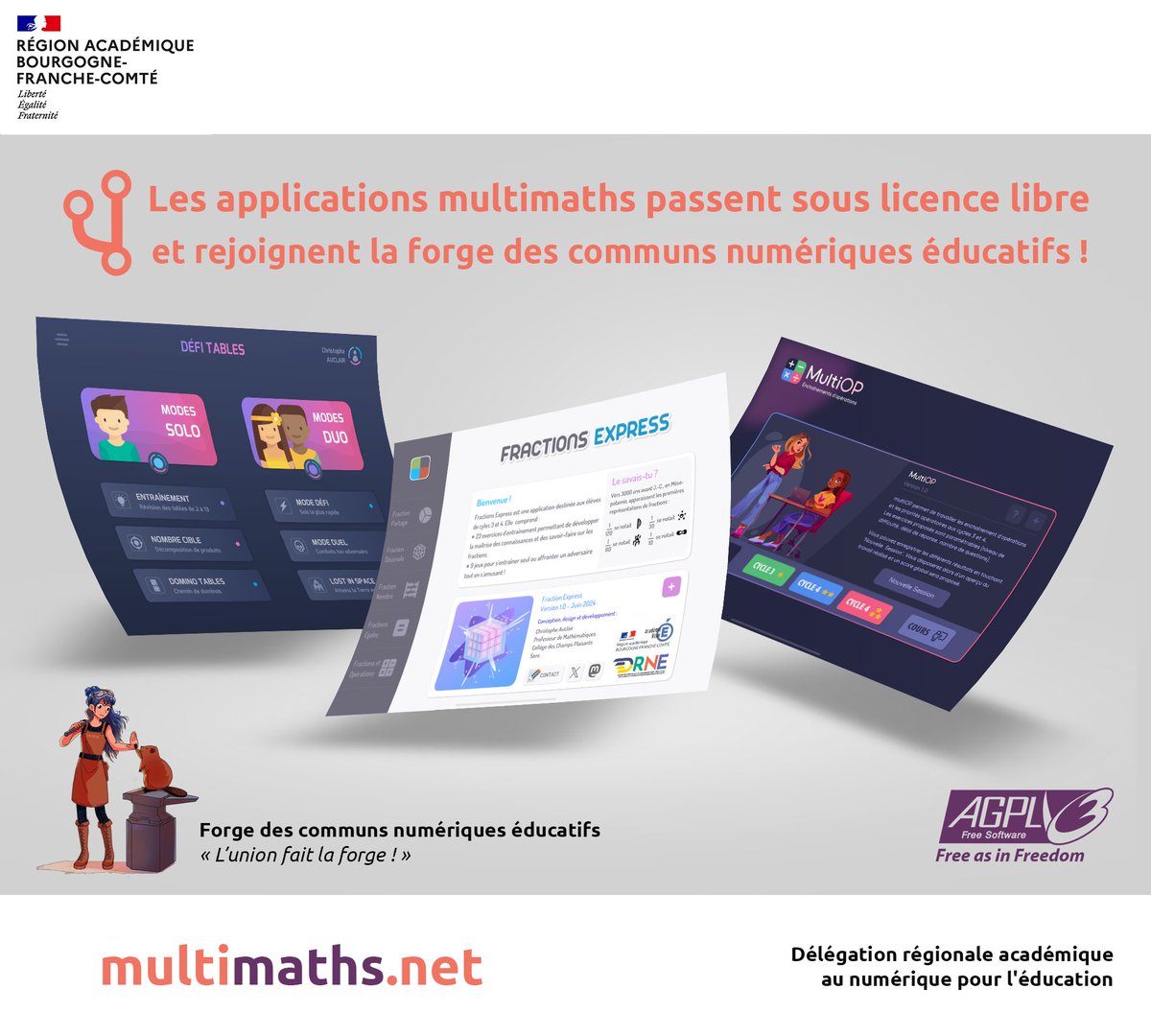multimaths's tweet image. Les #applis_maths débarquent sur la Forge des Communs Numériques ! C&apos;est toujours gratuit, mais maintenant, en plus, c&apos;est libre :-)
forge.apps.education.fr/multimaths