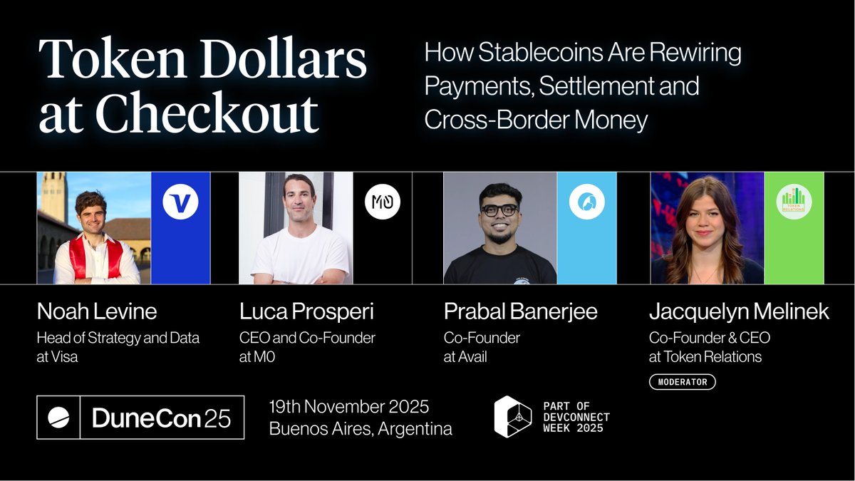 🎙️ Session reveal #DuneCon25

Cross-border, instant, programmable.
Stablecoins are becoming the new money layer, and the biggest players are taking notice.

Hear it from <a href="/nlevine19/">Noah Levine</a> <a href="/Visa/">Visa</a>, <a href="/LucaProsperi/">Luca Prosperi</a> <a href="/m0/">M0</a>, and <a href="/prabalbanerjee/">Prabal Banerjee</a> <a href="/AvailProject/">Avail</a> at DuneCon25.