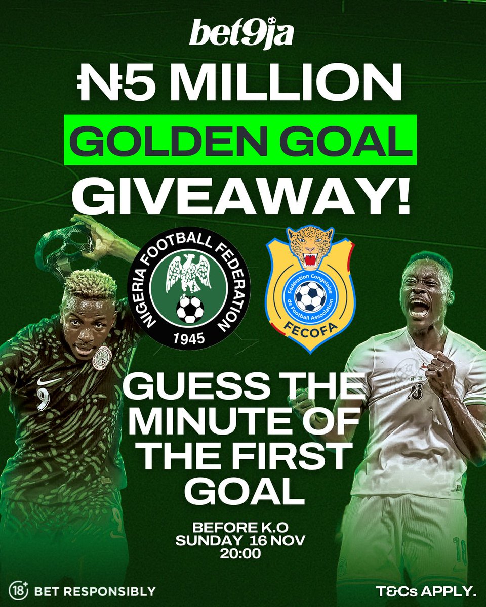Bet9jaOfficial's tweet image. 💰 ₦𝟓 𝐌𝐢𝐥𝐥𝐢𝐨𝐧 𝐆𝐢𝐯𝐞𝐚𝐰𝐚𝐲! 💰

1️⃣ Follow Bet9ja Social Channels
2️⃣ Guess the minute of the first goal in Sunday&apos;s Nigeria vs Dr Congo game!
3️⃣ Don&apos;t forget your Bet9ja User ID

20 winning users will be selected at random &amp;amp; receive N250k cash across our social…