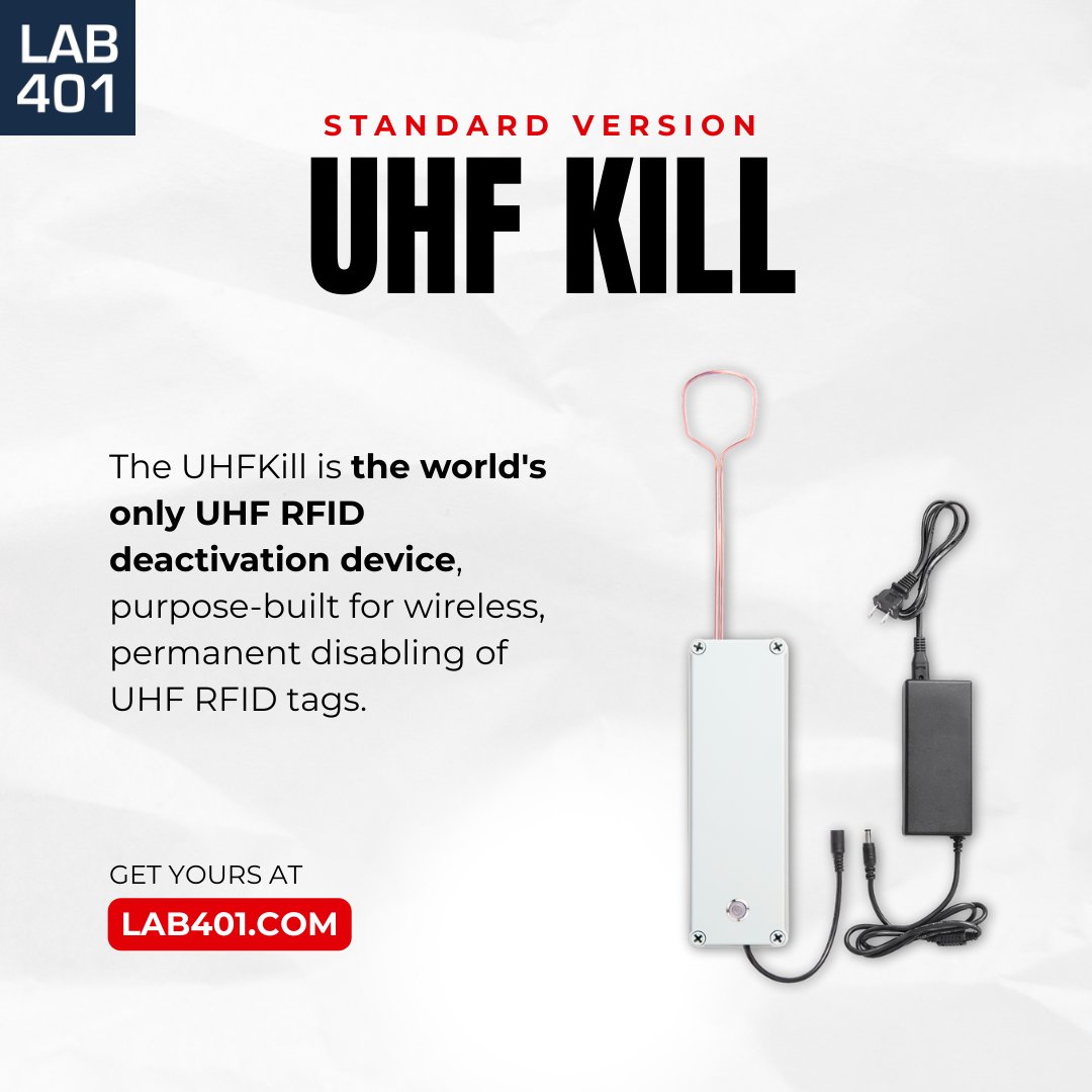 Lab_401's tweet image. 🚫 UHFKill: the world’s only UHF RFID deactivation device. Purpose-built for wireless, permanent disabling of UHF tags. l.lab401.com/kYLJr  
#RFID #UHFKill #Infosec #PrivacyTool #LAB401 #datadestruction #pentesting