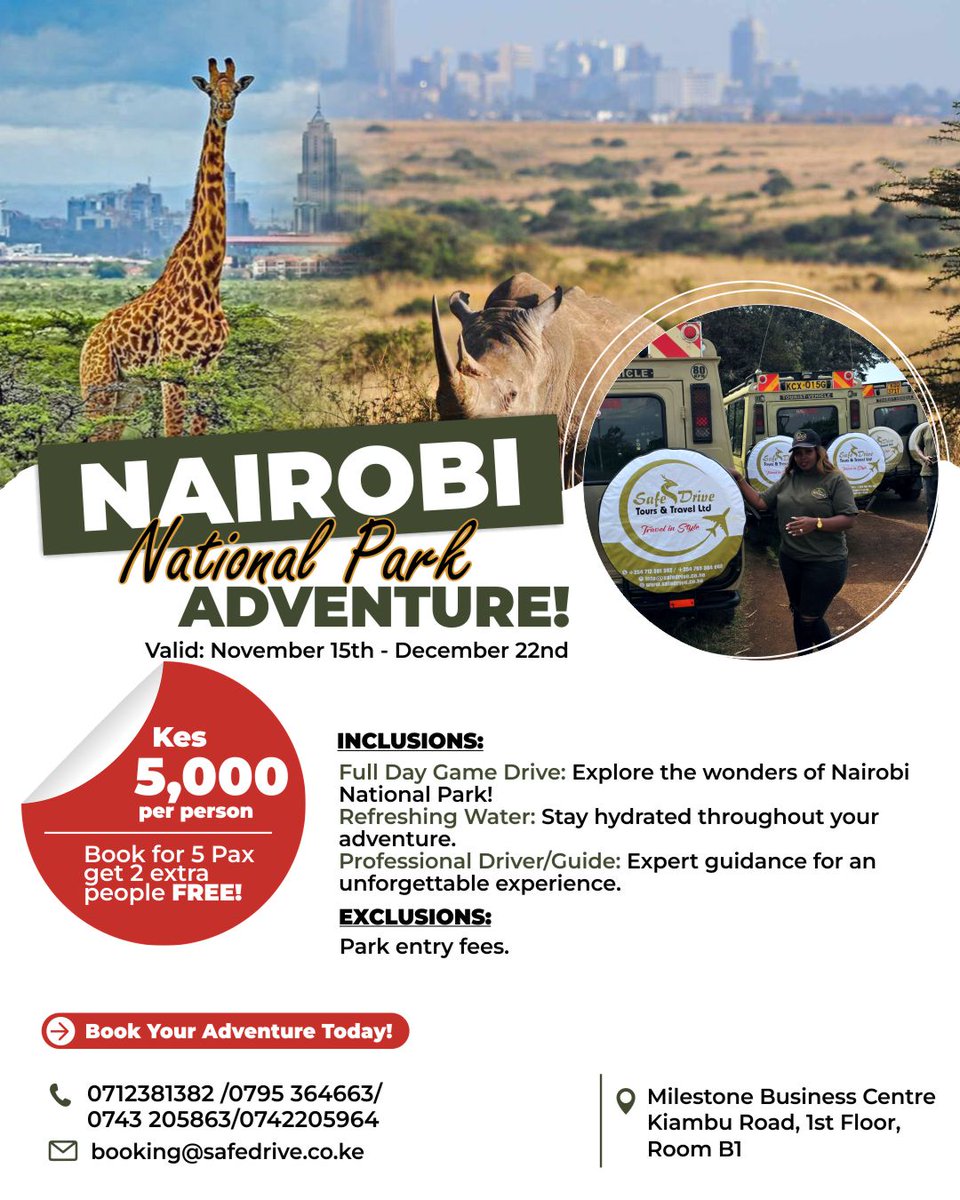 Explore Nairobi National Park  with Safe Drive Tours! 🇰🇪 KES 5,000 pp (min. 5 pax) in our new Safari customised Landcruisers. Book your safari today! #KenyaSafari #TravelDeals #NationalPark #SafeDriveTours 
safedrive.co.ke