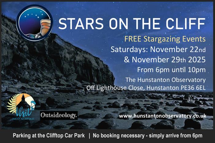 Two exciting, FREE, night-time events at the Hunstanton Observatory.
On two successive Saturday nights from the 22nd November you are invited to come along for a tour of the Observatory’s newly upgraded facilities. There will also be refreshments and stars-themed story-telling.