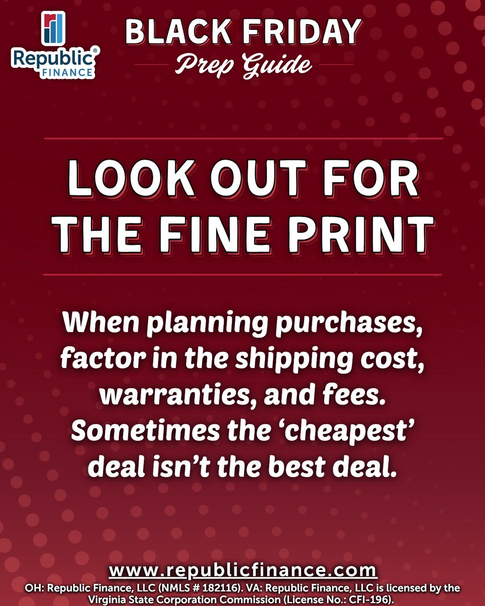 RepFinance's tweet image. The best Black Friday deals aren’t always the ones in bold print!👀

By shopping smart, you can make the most of your money. And if bigger expenses are on your list this season, see how Republic Finance could help with a Holiday Loan!