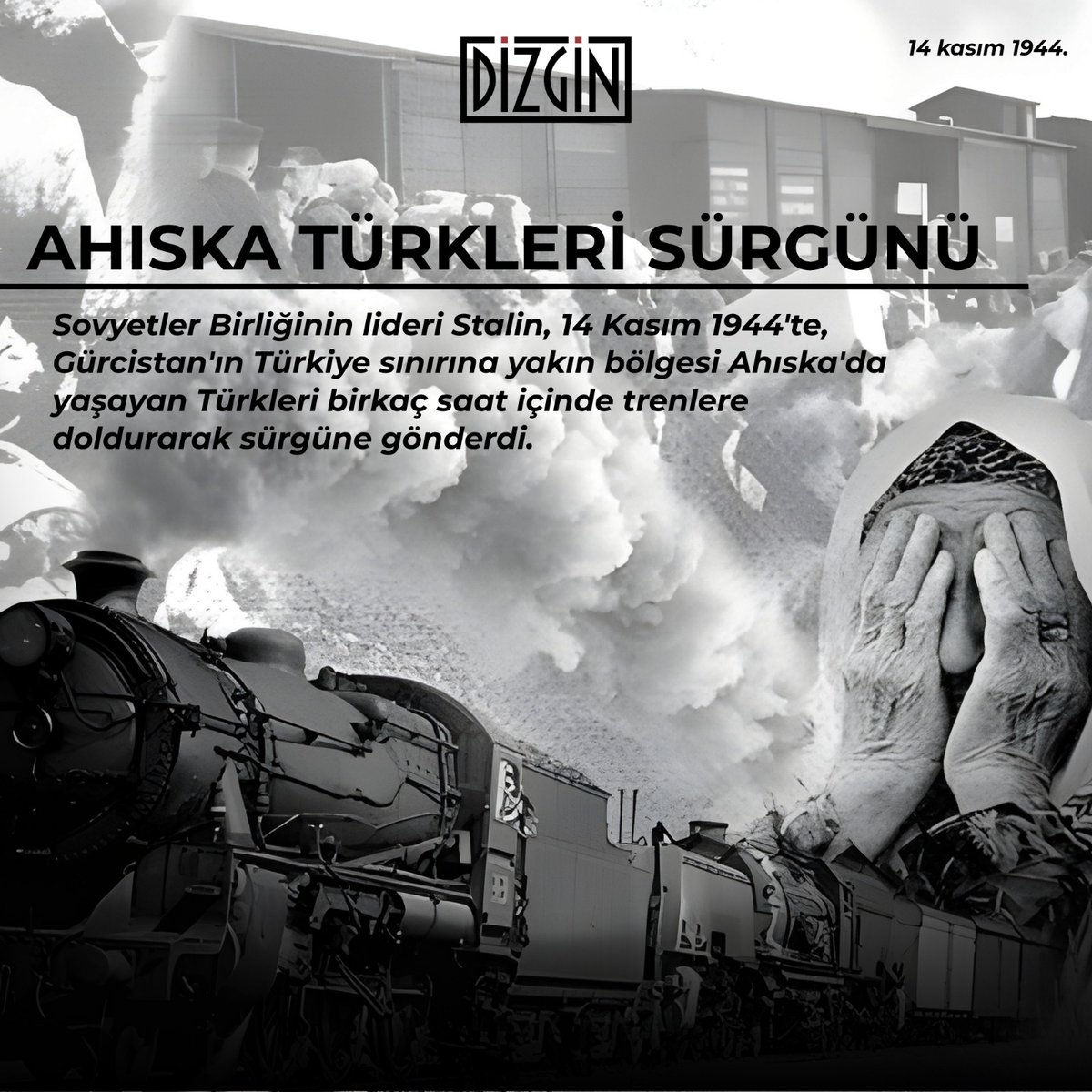 DizginDergisi's tweet image. Tam 81 yıl önce SSCB lideri Josef Stalin tarafından 100 bin Ahıska Türk&apos;ü kardeşimiz kapalı tren vagonlarına doldurularak ana yurtlarından sürgün edildi. Derme çatma vagonlarda, mevsimin en soğuk ve karlı döneminde gerçekleştirilen sürgünde, yaklaşık 17 bin Ahıska Türkü açlık,…