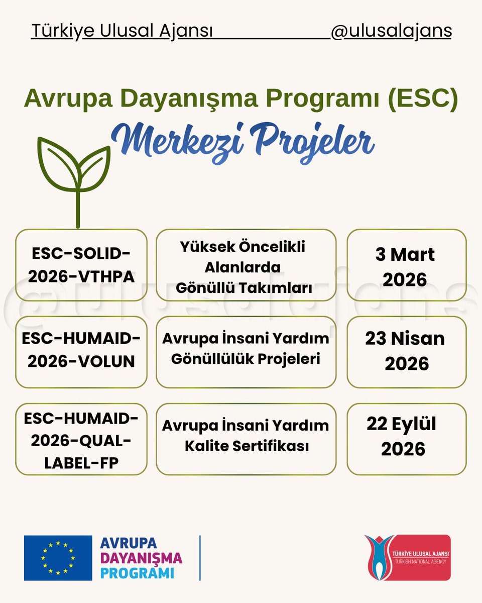 📢Avrupa Dayanışma Programı (ESC) 2026 Yılı Teklif Çağrısı ve Program Rehberi Yayımlandı📢

👉🏻Proje başvurularınız için ana kaynak özelliğine sahip Program Rehberine ve 2026 yılında başvuru yapabileceğiniz ESC projelerine 🔗 ua.gov.tr adresimizden ulaşabilirsiniz ✅
