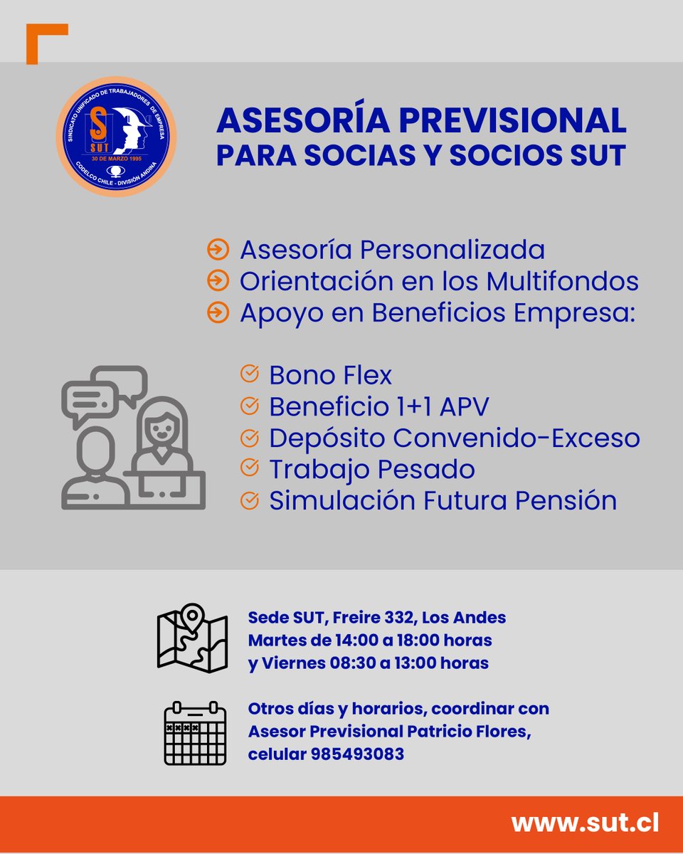 Asesoría Previsional, para socias y socios SUT

Sede SUT, Freire 332, Los Andes
Martes de 14:00 a 18:00 horas
y Viernes 08:30 a 13:00 horas

Otros días y horarios, coordinar con
Asesor Previsional Patricio Flores,
celular 985493083