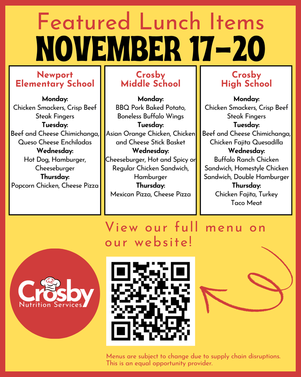 Time to taco 'bout a week of delicious surprises in <a href="/CrosbyISD/">Crosby ISD</a> cafeterias!💃🌮

Please see our complete menu on our website: schoolnutritionandfitness.com/index.php?sid=…

*Menus are subject to change due to food availability.

Thank you for your patience and understanding!

<a href="/Crosby_Kinder/">Crosby Kindergarten Center</a>