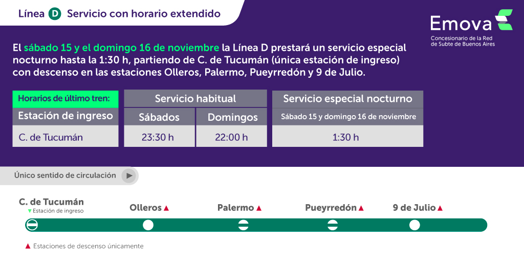 Emova_arg's tweet image. 🚨 ¡Atención usuarios!

📆 El sábado 15 y domingo 16 de noviembre la #LíneaD prestará un servicio especial nocturno de desconcentración hasta la 1:30, partiendo de Congreso de Tucumán 🎤🎶

⚠️ Mirá cuáles serán las estaciones habilitadas para viajar 👇