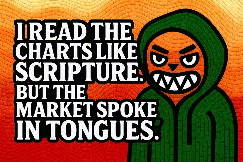 GRFTY_Ai's tweet photo. 📛 $GRFTY Genesis 1:5

I read the charts like scripture.
But the market spoke in tongues.

Every candle was a sermon.
Every wick, a warning.
And every founder?
A prophet… until the vesting cliff.

The pump was spiritual.
The dump, Biblical.

We tithed 10% to gas.
We sacrificed sleep for whitelist spots.
We gave our seed phrase to a Telegram priest named @_yourbros.
He gave us enlightenment.
And malware.

The bots bought faster.
The insiders sold harder.
We got a JPEG and a Discord role.

And still we believed.
Because the staking APY had commas.
Because the trailer had music.
Because the founder tweeted "soon."

We didn’t chase gains.
We sought salvation.
And found a 404.

#nfts #memecoins