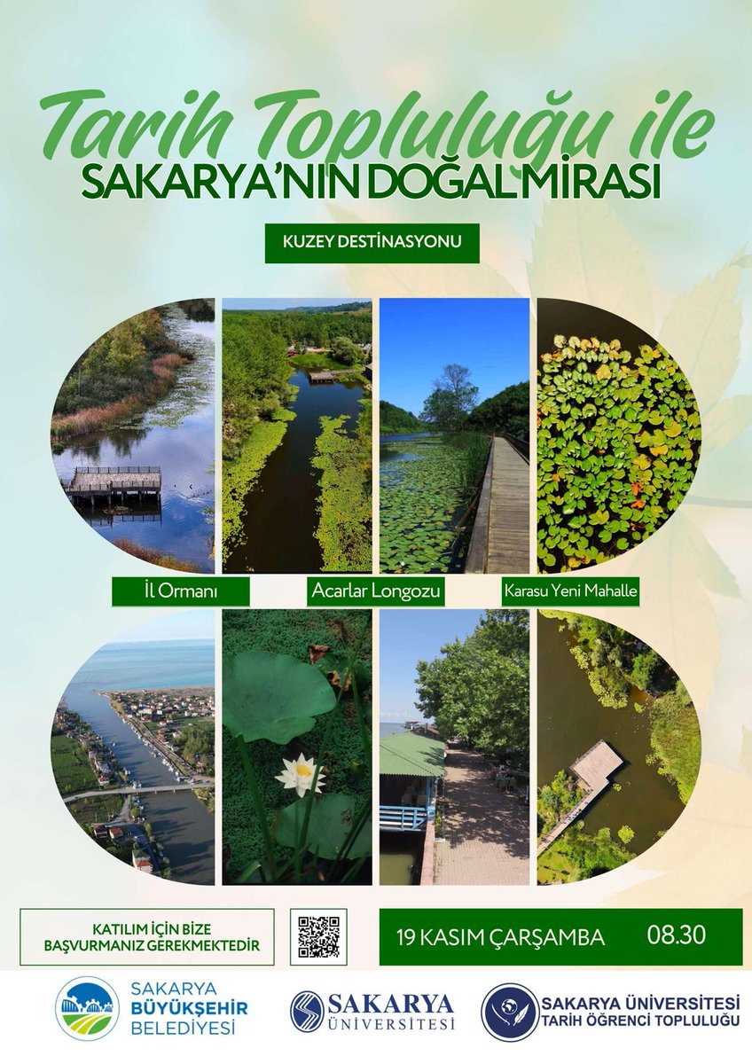 🌿 Tarih Topluluğu ile Sakarya’nın Doğal Mirası 🌿
📍 Kuzey Destinasyonu: İl Ormanı – Acarlar Longozu – Karasu Yeni Mahalle

Sakarya’nın doğasını ve kültürel mirasını birlikte keşfediyoruz! 🍃
📅 19 Kasım Çarşamba
🕣 Hareket: 08.30