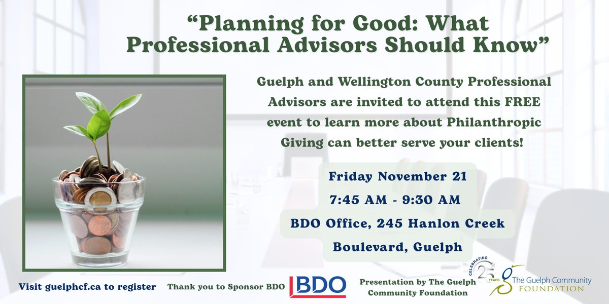 Our FREE Professional Advisors event is ONE WEEK AWAY! Come hear how #Philanthropic Giving can better serve your clients &amp; an excellent opportunity to network with other local professionals on Nov. 21 from 7:45 - 9:30 AM at the BDO Office, #Guelph 

🔗guelphcf.ca/planning_for_g…