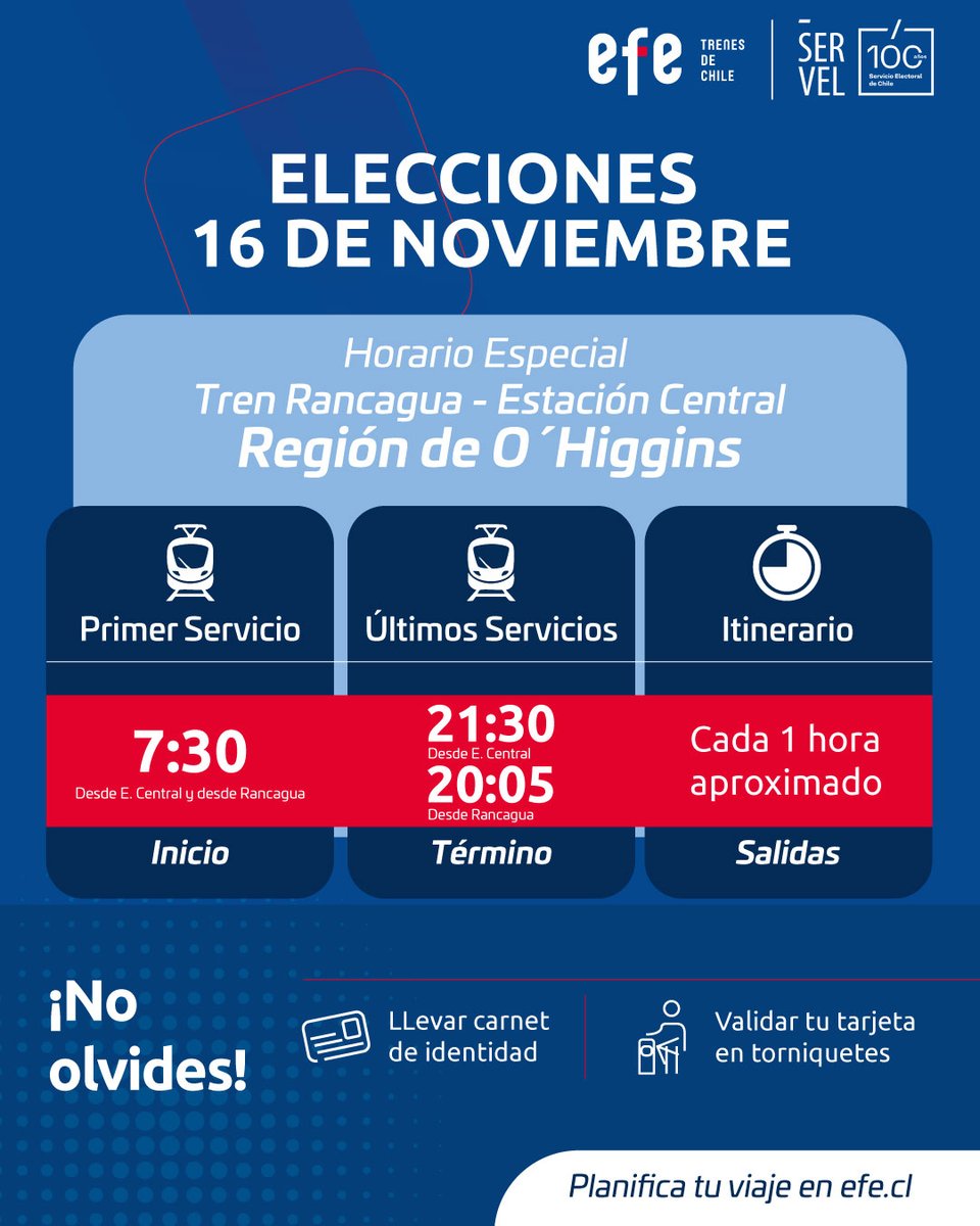 🗳️ Este domingo 16 de noviembre estaremos operativos para acompañar tus traslados rumbo a tu local de votación.

 Ten en cuenta las siguientes recomendaciones: 
✅ Primeros servicios a las 07:30 hrs desde E.Central y Rancagua.
✅ Lleva tu carnet de identidad y lápiz azul. 
✅