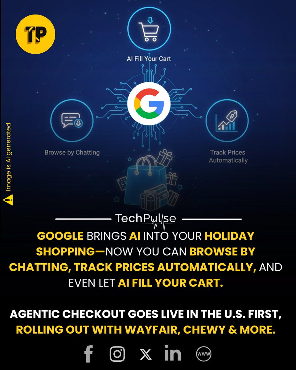 techpulse108's tweet image. Google just dropped a major update ahead of the holiday rush: its new agentic shopping tools built right into Search and the Gemini app. Whether you’re starting with “warm autumn sweaters” or hunting for the perfect gift.

#AgenticCheckout #AIShopping #HolidayShopping2025 #Google