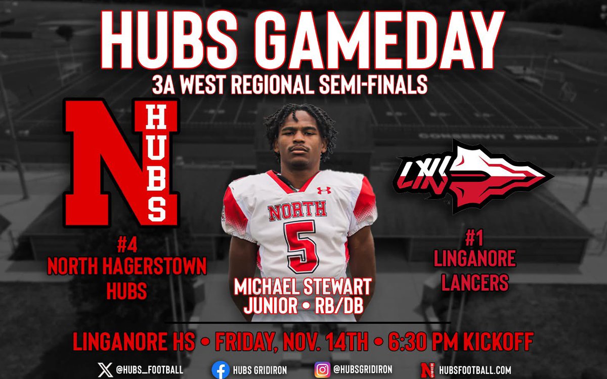 Hubs_Football's tweet image. #GAMEDAY 

The #4 seed Hubs travel to battle #1 seed Linganore (9-0) in the Maryland Class 3A West Regional Semis. Kickoff is scheduled for 6:30PM

Link for tickets for tonight&apos;s game: gofan.co/event/5346826

Linganore HS Address:
12013 Old Annapolis Road
Frederick, MD 21701