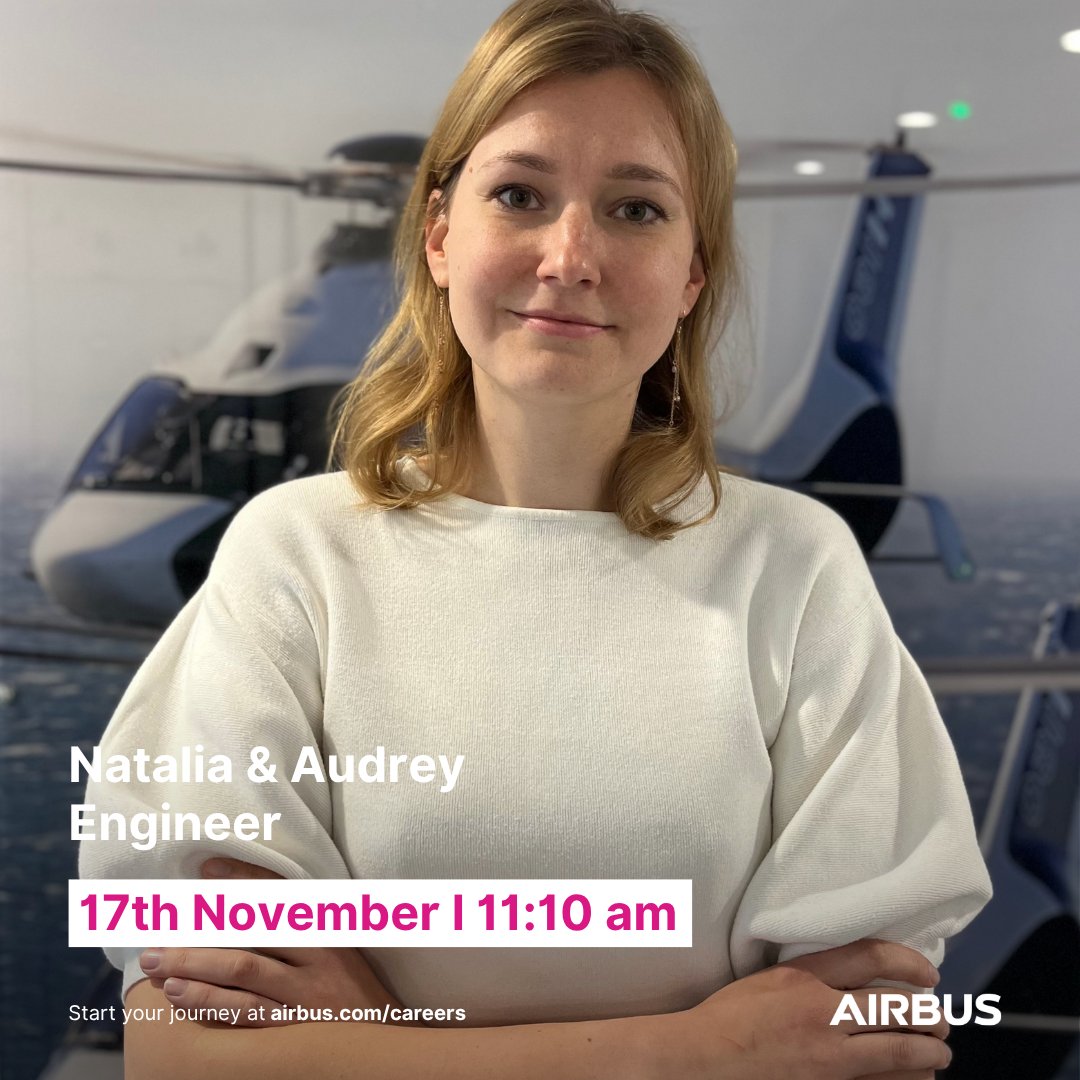 AirbusCareers's tweet photo. Curious about #Engineering ? Meet Audrey et Natalia from #AirbusHelicopters on 17 Nov, 11:10 AM. @Forindustrie! 

🔗 Register: https://t.co/8bMAlYvtOE

#AirbusHelicopters #SEDI2025 #Forindustrie #AerospaceCareers https://t.co/ZC5UtTCZTU