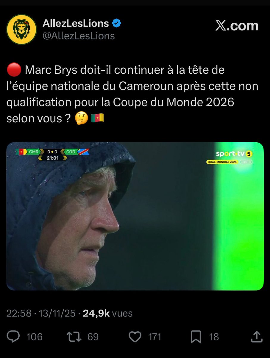 SoiresseKalvin's tweet photo. Au #Cameroun, le pouvoir politique a donné tellement de pouvoir à Marc #Brys qu’on s’attendait à des miracles sportifs. On n’a jamais vu un coach manquer autant de respect aux institutions du pays au point d’affaiblir sa réputation sportive. Tout ceci pour de piètres résultats. https://t.co/j6S2SCTMe3