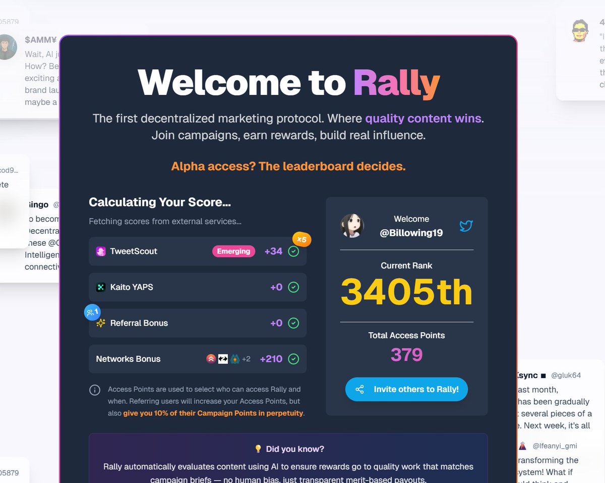 由GenLayer开发的链上营销协议Rally来了， 新的InfoFi

嘴撸平台，现在可以提前加入白名单 <a href="/RallyOnChain/">Rally</a> 

主榜单
waitlist.rally.fun/joinme/Billowi…

合作项目的积分

1.  waitlist.rally.fun/nirvana

2.  waitlist.rally.fun/zksync

3.  waitlist.rally.fun/healthprotocol

4.  waitlist.rally.fun/dia

5.