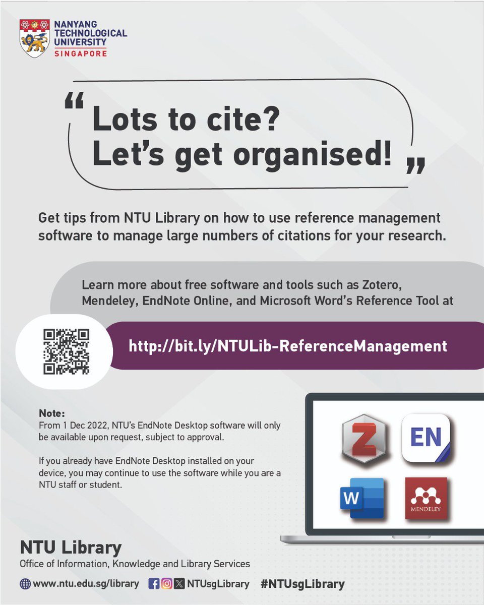NTUsgLibrary's tweet image. Need to manage a large number of citations📚 for your research?

Get organised by using reference management software! 💻 👉🏼

🔗 Learn more about free software and tools you can use such as #EndNote, #Zotero and #Mendeley, at bit.ly/NTULib-Referen…
