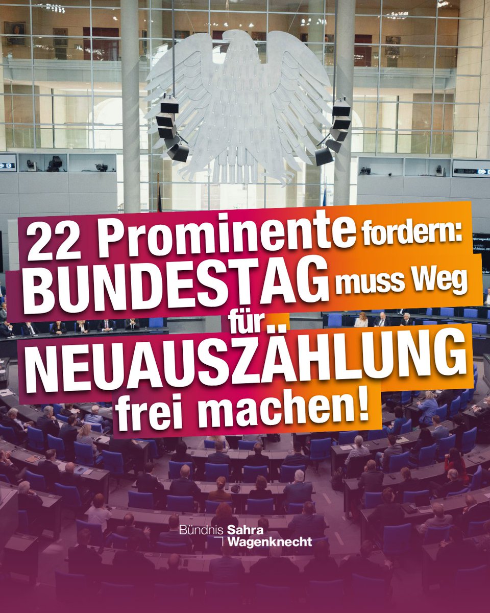 Die Unterstützung für die BSW-Forderung nach #Neuauszählung der Bundestagswahl wächst! In einem gemeinsamen Aufruf fordern 22 Prominente aus Kultur, Wissenschaft, Medien und Politik den #Wahlprüfungsausschuss des Bundestags auf, „ohne weiteren Zeitverzug den Weg für eine