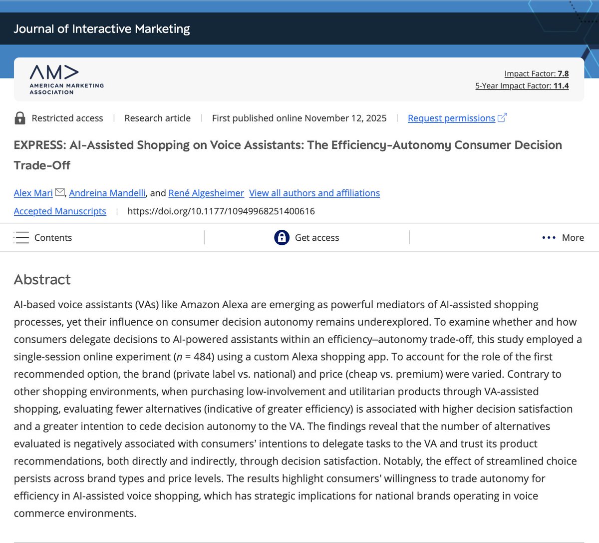 Mariketing's tweet photo. 🤖New publication "AI-Assisted Shopping on Voice Assistants: The Efficiency-Autonomy Consumer Decision Trade-Off" with @andremandelli and @ReneAlgesheimer in the Journal of Interactive Marketing. 

https://t.co/2vzmXga0qs

Full-text: https://t.co/pZzXYB95GE

#voicecommerce #alexa https://t.co/XBMflq0iqQ
