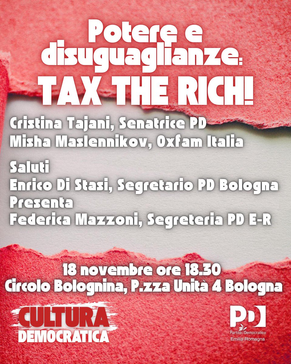 Per chi è/sarà a #Bologna il prossimo martedì (18 novembre, ore 18.30) ed è interessato, c'è un dibattito #TaxTheRich in città! #CulturaDemocratica