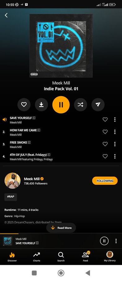 Screenshot of a mobile music streaming app showing album Indie Pack Vol. 01 by Meek Mill with blue skull-themed cover art tracklist including Save Yourself by Meek Mill and How Far Can We Go by Meek Mill and JAY-Z play button download option and heart icons.