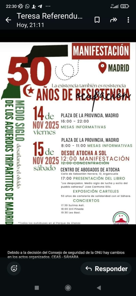🇪🇭 SÁHARA: 
Acudiremos el sábado 15-N a la  MANIFESTACIÓN desde los 4 puntos cardinales del Estado Español, denunciando el 50 aniversario de la entrega del Sáhara Occidental a Marruecos y Mauritania por parte del franquismo agonizante con la complicidad de EEUU.
