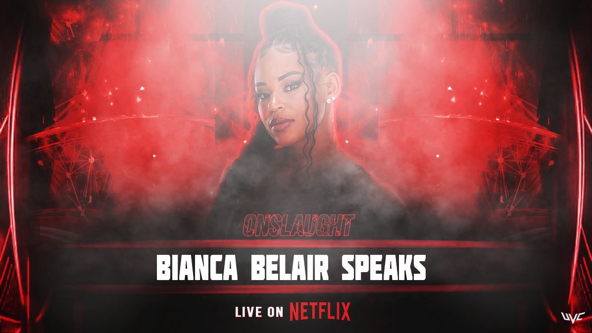 ThisIsUVC's tweet photo. Bianca Belair made her entrance through the crowd, reaching the ring and wreaking havoc on it and the surrounding area. Security and talent attempted to contain her, but Bron Breakker got in her face—she delivered a forearm, then a brutal KOD. #UVCOnNetflix. https://t.co/5Z2mYlllpn