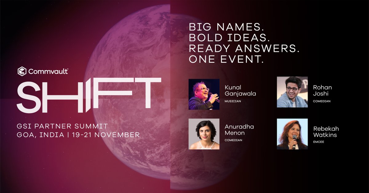 Big ideas deserve big energy — and this year’s Commvault SHIFT GSI Partner Summit is bringing both. We’re excited to welcome an incredible lineup of guests who’ll add spark, perspective, melody and a touch of fun to our time in Goa!

#GSISummit2025 #CommvaultSHIFT