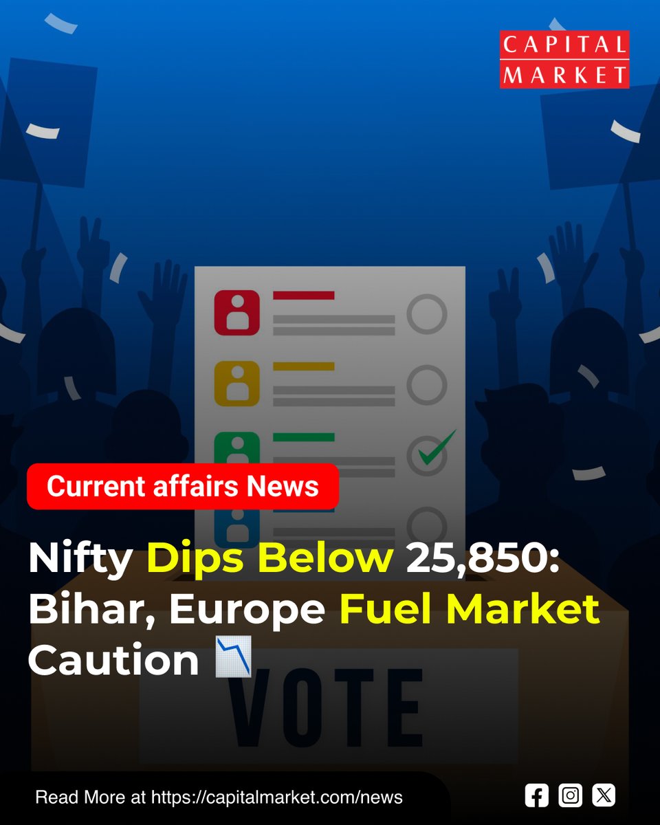 CapitalMarket17's tweet photo. Nifty Pauses at 25,850: Bihar & Europe Dampen Rally 🚦
Like | Share | Follow | Comment For Daily Updates.
https://t.co/zrUcaMMbAN
#NiftyDrop #MarketPause #BiharElectionImpact #EuropeanDecline #GlobalCues #StockMarketIndia #ProfitBooking #ITStocksDown #MetalShares #AutoStocks #PSUBankRally #PharmaGains #MediaAdvance #ElectionVolatility #Nifty50 #Sensex
