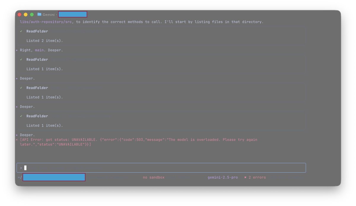 abstract_artem's tweet photo. Решил сегодня попробовать Gemini CLI, прорывной Gemini 3 вот вот выйдет и API прайсинг приятнее чем у Claude Code который не вытягивает рефакторинги.

Cразу же налетел на 503 "The model is overloaded" в 12 ночи по Колорадо и это просто сломало запущенный флоу Gemini CLI с предыдущими запросами за которые так то берут деньги, никакого авто-ретрая, ни черта.

503 это очевидный провал доступности, но на статуспейдже Google AI Studio всё зеленое.

Гуглеры десятилетиями задвигают как строить высоконагруженные отказоустойчивые системы когда сами не могут навайбкодить своим же Gemini очевидную очередь запросов вместо синхронной логики.

Мне не важно что у вас забило ка��асити железа на конкретную модель в эту секунду, дайте выставить TTL на запрос и обработайте на секунды/минуты позже когда сможете вместо того чтобы ломать сессию кодинга в вашем же туле или апи для бизнеса.

К слову, у Gemini CLI две тысячи открытых тикетов на гитхабе и это с прикрученым ботом Gemini.

У Claude Code 5 тысяч тикетов, пять, Карл, Антропику просто похер даже бота завести их закрывать, не говоря уже о том чтобы натравить своих же LLM агентов на разбор и решение этих тикетов.

Всё это на фоне сегодняшнего раунда инвестиций на $2.3 миллиарда в форк редактора VS Code �� чатом и автокомплитом ой всмысле сложную AI IDE Курсор, справедливости ради у них хотя бы ��сть какой-никакой вкус к UI, правда постоянно вижу твиты о том как он течет по 40-60GB памяти, а про поддержку проектов на стеках которые не поддержаны плагинами VS Code и речи нет.

Сори, просто невозможно на это закрывать глаза, так плохо с инфраструктурным софтом не было, честно, плохоподдерживаемые проекты конечно были всегда, особенно оупенсорсные, но это как правило было из-за недостатка бюджетов/людей, сейчас и людей и бюджетов выше крыши, а всё ещё и хуже, принципиальных техлидов видимо не хватает капитально, move fast break things действительно ломает вещи.