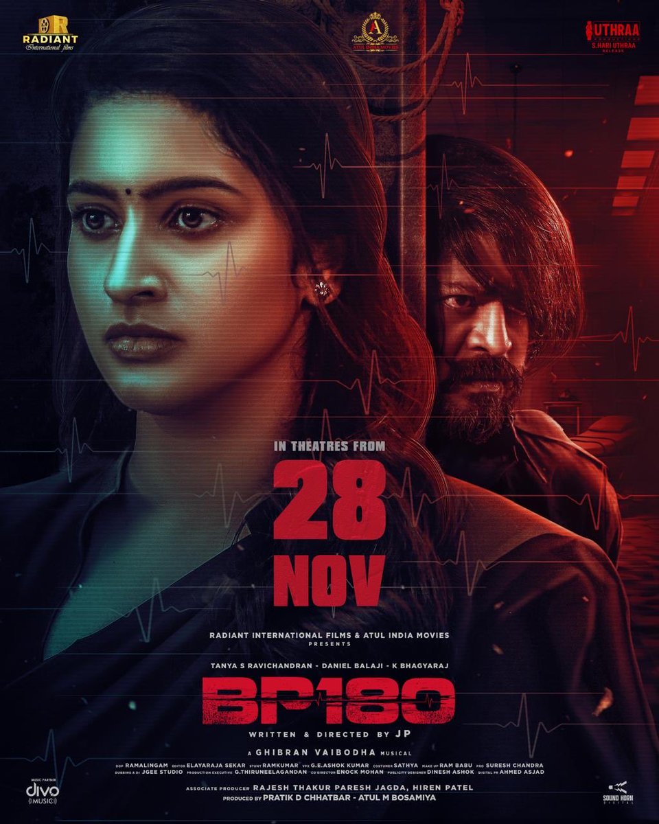 udhayramakrish2's tweet image. The heartbeat is raising… #BP180 hits theatres on 28th November!

Get ready for a Action ride! 🎬

Produced by 
Radiant international films &amp;amp; Atul india movies ...

Movie Directed by JP...

Tamilnadu theatrical release by 
Our Uthraa Productions 
S.Hari uthraa
