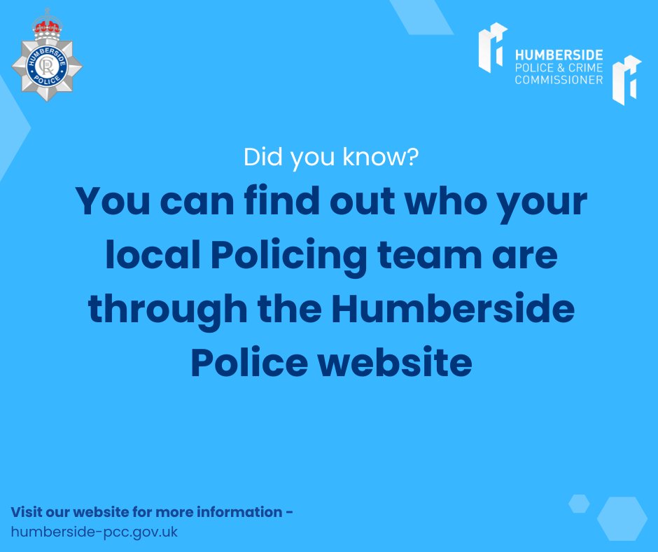 Humberside Police's Neighbourhood Policing Teams (NPTs) are dedicated teams who work to address local issues.

You can find your local team by visiting the Humberside Police website, or by using a postcode search.

To find out more, please visit ow.ly/U45Y50XpiR3