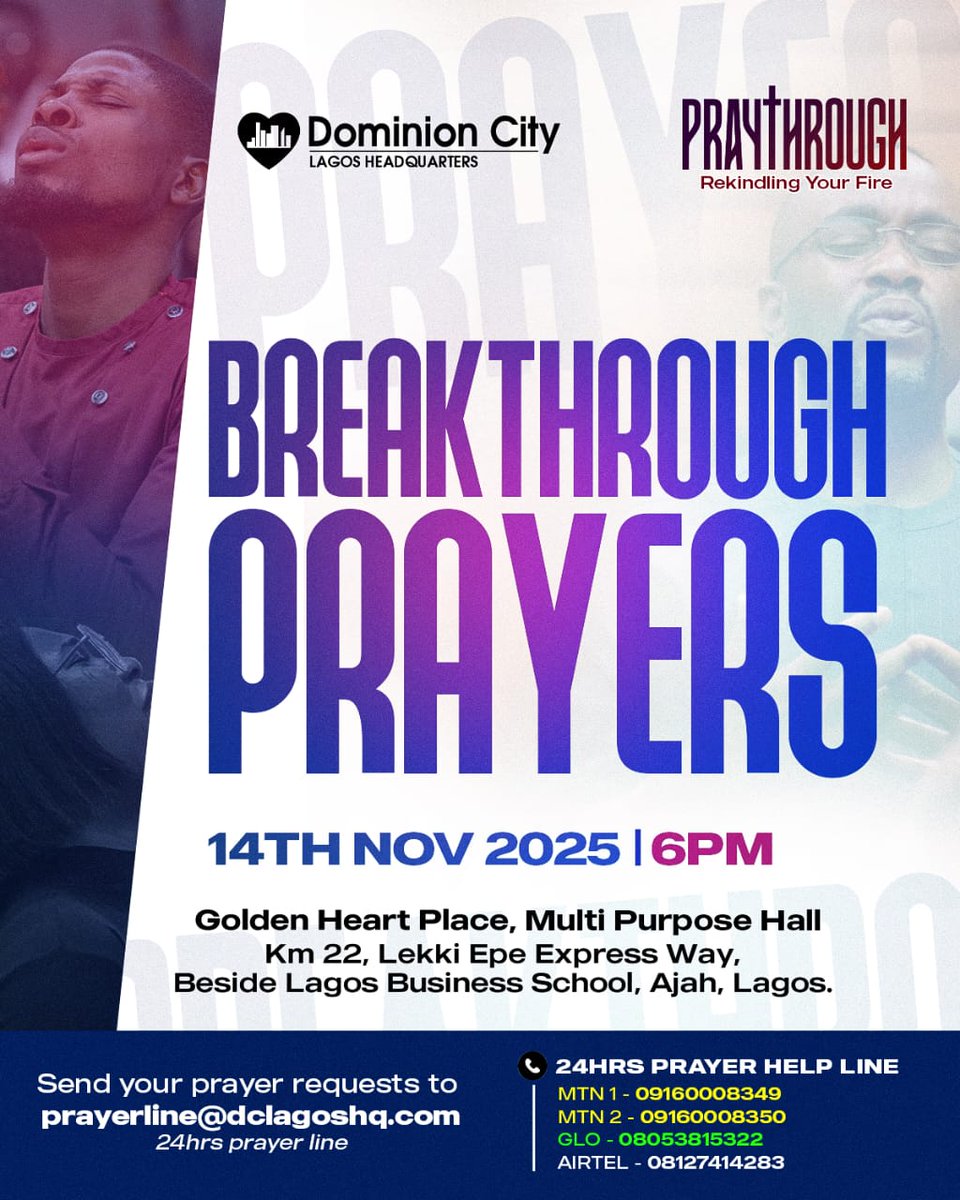 dominioncitylag's tweet photo. Every gate is accessible through prayer. Prayer is the master key to unlocking gates for breakthroughs.
Join us this evening as we unlock every closed door and break through every gate of limitation. Don’t miss it.
Time: 6pm
#DominionCity #DCLagosHq #PrayThrough #Breakthrough https://t.co/lHGVyzpcIP