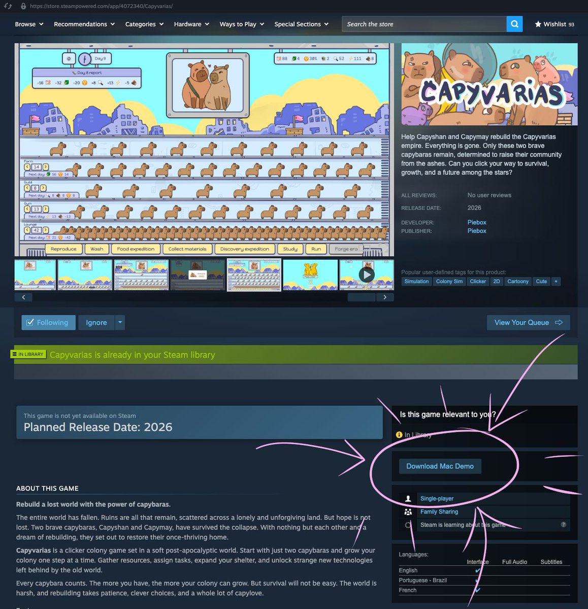 KiraniPiebox's tweet photo. The Capyvarias demo is live on Steam today!
Meet your capybaras, build the first rooms, unlock your first technologies, and begin rebuilding a tiny world that refuses to give up πΉβ’οΈ
Play it here -> https://t.co/mkIQofxlK5
#capyvarias #gamedev #indiedev #indiegame https://t.co/jNCDuSb9JT