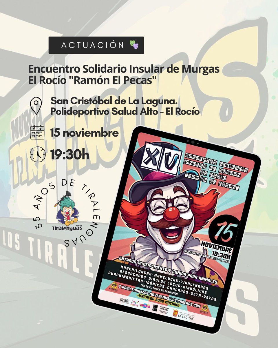 Actuación 🎺

Este sábado tenemos una cita, estaremos en el Encuentro Solidario Insular de Murgas El Rocío "Ramón El Pecas" 🫂

📍 Polideportivo Salud Alto (La Laguna)
🗓️ Sábado 15 de noviembre 
🎟️ 1Kg de alimento o comida para animales.
🕗 19:30h 

Allí nos vemos, #JuntosComoNo