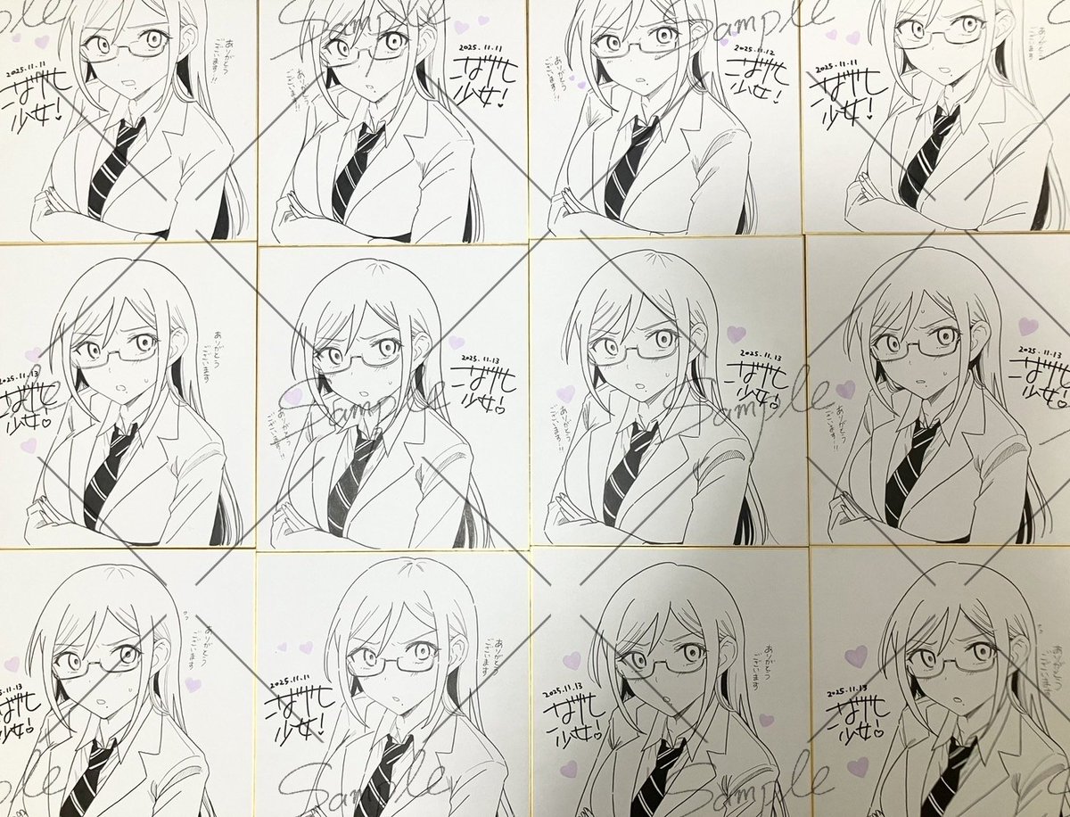 鎧坂さんぬいぐるみ化クラファン、色紙プランに申し込んでくださった方への色紙が描き終わりました!👓💕✨結構描き直して最終的にこの3ポーズ!😆喜んでくださると良いです! 