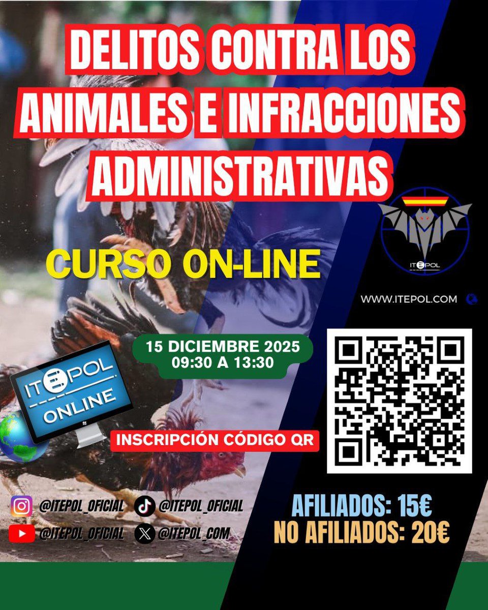 ITEPOL_COM's tweet image. NUEVO CURSO ON-LINE: DELITOS CONTRA LOS ANIMALES E INFRACCIONES ADMINISTRATIVAS - mailchi.mp/c2323364c316/n…
Apúntate ✍🏻🔗 forms.gle/4ni2UL9uPnjc77…