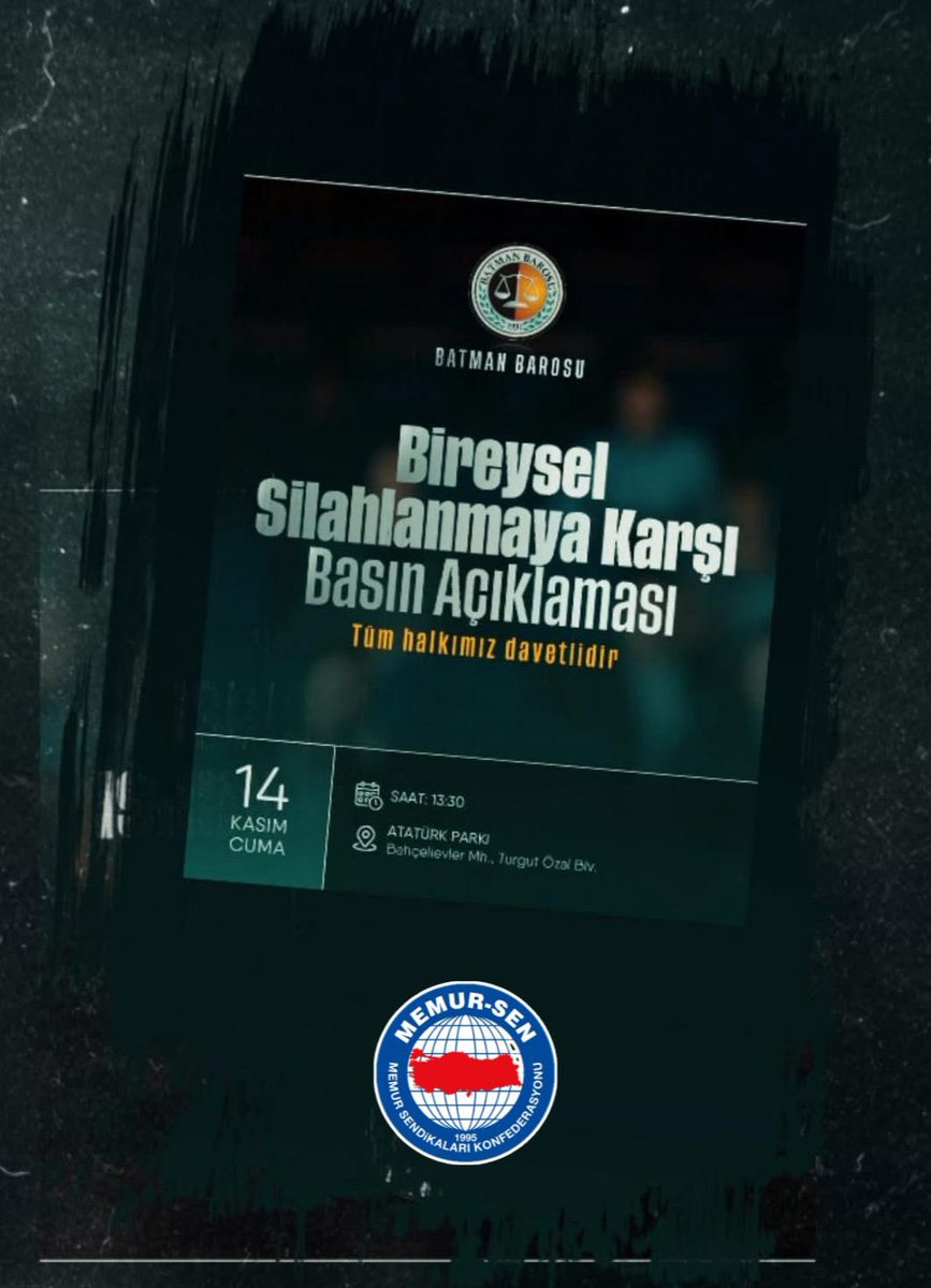 Batman Barosu’nun bireysel silahlanmaya karşı yapacağı basın açıklamasına, Düşünce ve İnanç Özgürlüğü Platformu’na üye 32 STK ile birlikte Memur-Sen Konfederasyonu Batman. il Teşkilatı olarak biz de destek veriyoruz.

Unutulmamalıdır ki güvenlik, bireylerin kendi çabalarıyla