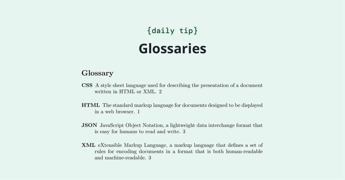 overleaf's tweet image. Did you know LaTeX can help you create a glossary for your document? A glossary is a list of terms in a particular domain of knowledge with definitions for those terms (eg., a list of acronyms is a type of glossary). Check out this article. overleaf.com/learn/latex/Gl…