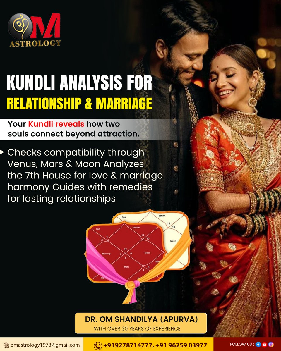 om_apurva's tweet image. ✨ Kundli Analysis for Relationship &amp;amp; Marriage
Your chart reveals how two souls connect — from Venus &amp;amp; Mars to the strength of your 7th House. Get clarity, compatibility insights &amp;amp; remedies for lasting love.

— Dr. Om Shandilya

#Kundli #Compatibility #MarriageAstrology