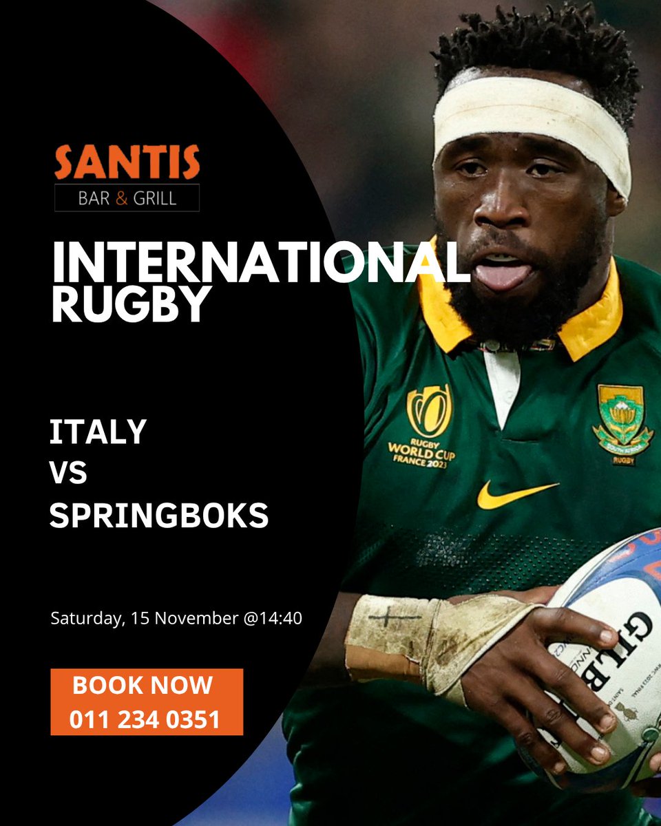 SantisBarGrill's tweet image. 🏉🇮🇹Italy vs Springboks🇿🇦

Saturday 15 Nov @ 14:40 — Kick off your weekend with the Boks taking on Italy!💪🇿🇦Enjoy big-screen rugby📺, cold draughts🍺, and hearty meals🍖at Santis!

📍Bookings essential – call📞011 234 0351

#SantisBarAndGrill #webchanges #santiswebchanges