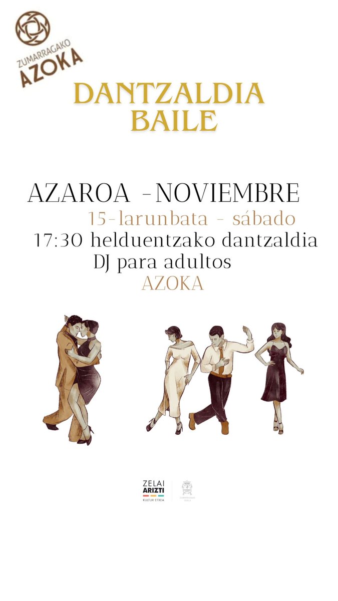 Helduentzako dantzaldia!
Etorri!
¡Dj para personas adultas!
¡Ven!
Larunbata - Sábado, a partir de las 17:30 en la Azoka
#Zumarraga