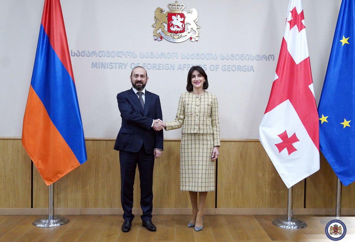 MakaB__'s tweet photo. It is a true pleasure to welcome FM @AraratMirzoyan🇦🇲to🇬🇪.We had an engaging discussion on advancing our strategic partnership &amp; strengthening bilateral &amp; regional cooperation. Together, we reaffirmed our commitment to lasting peace, stability, &amp; prosperity throughout the region https://t.co/XgrJL5nDWm