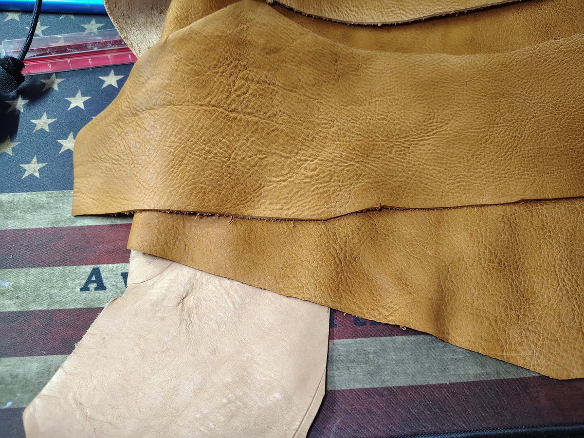 I finally got everything together to airbrush light brown dye on a few pieces of leather for a project I'm making. Below is the natural color &amp; 3pcs above are airbrushed. You'll never get this tone and even by doing it my hand. Hand dyeing you have two choices, dark and darker.